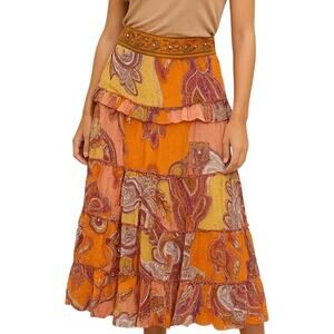 Vintage Boho Gypsy Maxi Skirt Tiered Ruffle Paisley Orange Pink Yellow Beaded S